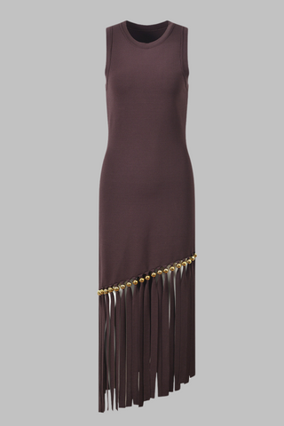 Tassel Gold Beads Slim Round Neck Sleeveless Knitted Long Dress