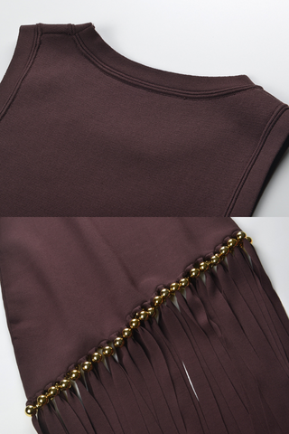 Tassel Gold Beads Slim Round Neck Sleeveless Knitted Long Dress