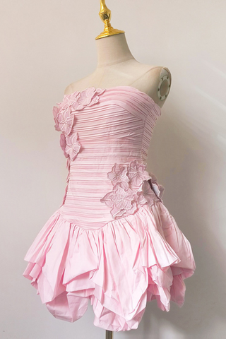 Floral Appliqué Strapless Puff Mini Dress