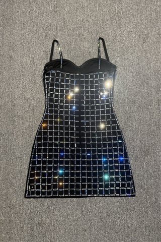 Rhinestone Grid Crystal Mesh  Mini Dress