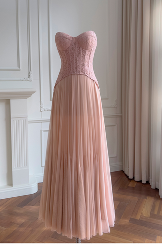 Romantic Blush Lace-Up Corset Maxi Dress with Sweetheart Neckline & Flowing Pleated Skirt