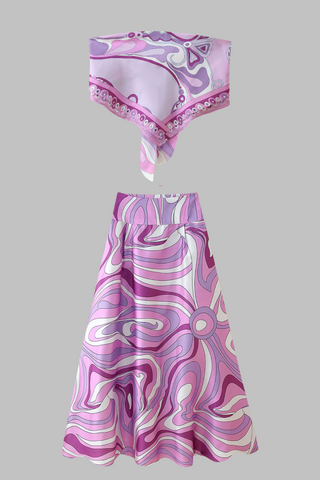 Retro Swirl Satin Two-Piece Set – Scarf Tie Crop Top & High-Waist Long Skirt