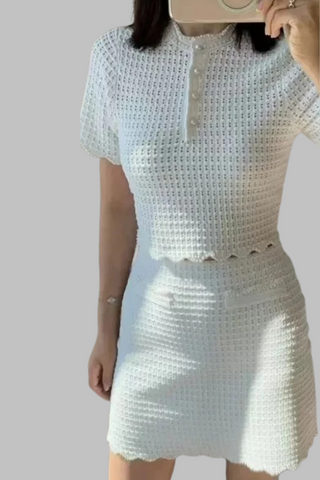 Pearl-Trimmed Textured Knit Two-Piece Set  Cropped Top & A-Line Skirt