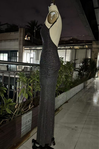 Hot Diamond Sparkle Bodycon Long Dress with Sculpted Pleats and Backless Cut