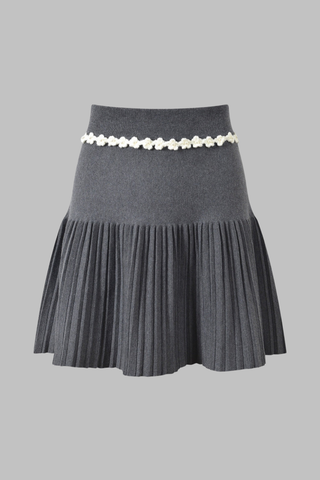 Charcoal Gray Three-Piece Knitted Set with White Floral Trim – Cardigan, Top & Pleated Mini Skirt