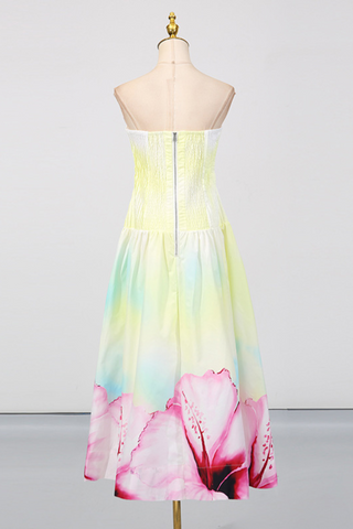 Strapless Pleated Bodice Gradient Long  Dress with Oversized Floral Hem