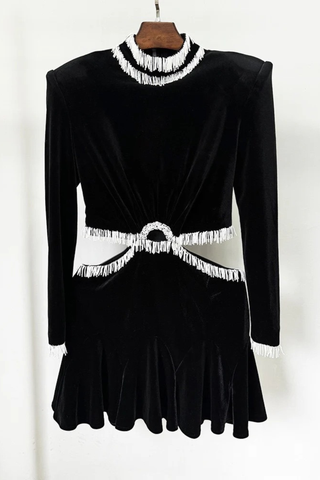 Velvet Long Sleeve Mini Dress with Beaded Fringe and Cutout Waist