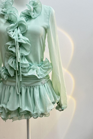 Mint Fantasy Ruffle Chiffon Set – Sheer Top & Skirted Shorts