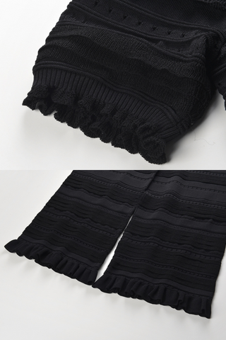 Black Textured Knit Ruffle Crop Top & High-Waist Wide-Leg Pants Set