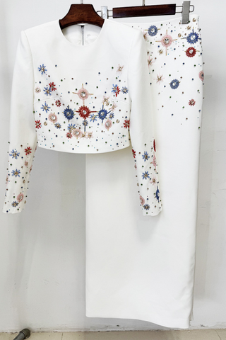 Spark Embellished Long Sleeve Crop Top & High-Slit Maxi Skirt Set