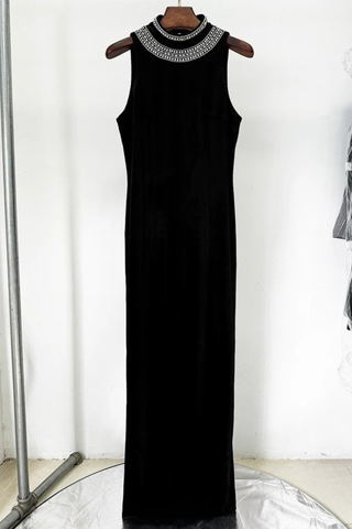 Velvet Sleeveless Long Dress with Rhinestone Embellished High Neck and Open Back