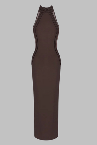 Chocolate Brown Halter Neck Long Dress – Sculpted Bodycon Gown with Braided Trim