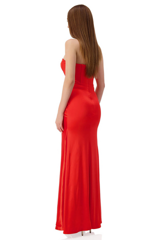 Luxury Strapless Satin Evening Long Dress with Boned Corset and High Slit Twist Draping