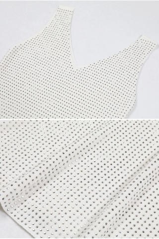 Sleeveless Knit Long Dress with V-Neck and Rhinestone Embellishment