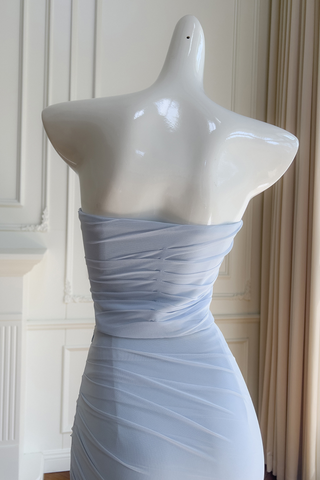 Light Blue Mesh Ruched  Set – Strapless Bustier Top & Fishtail Maxi Skirt with Sheer Scarf