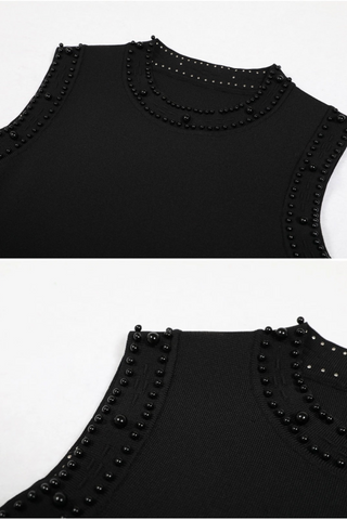 Sleeveless Knit Long Dress with Pearl Trim and Pleated Skirt