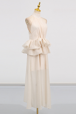 Halter Neck Sleeveless Long Dress with Layered Ruffle Waist and Flowing Skirt