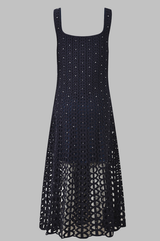 Crystal Embellished Sleeveless Crochet Long Dress with Lining
