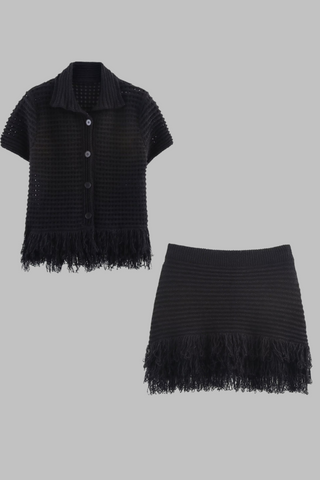 Fringe Hem Knit Set – Crochet Button-Up Top & Ribbed Mini Skirt