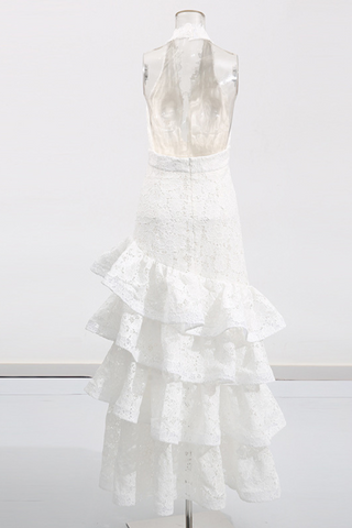Ivory Bloom Lace Halter Tiered Backless Ruffled  Long Dress