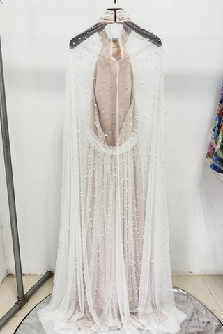 Heavy Pearl-Embroidered Mesh Tulle Long Dress with High Collar and Draped Cape