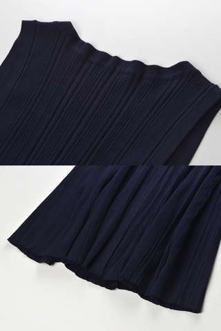 Elegant Navy U-Neck Sleeveless Ribbed Knit Long Dress with Gold Button Front & Flared Hem