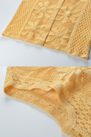 Sunflower Lace Embroidered Hollow Knit Sleeveless Button Up Top & Flared Pants Set