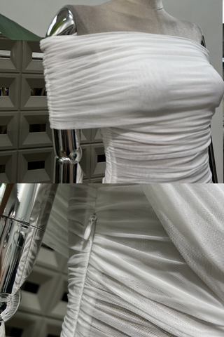 Ivory Mesh Off-Shoulder Draped Long Dress with Side Ruching