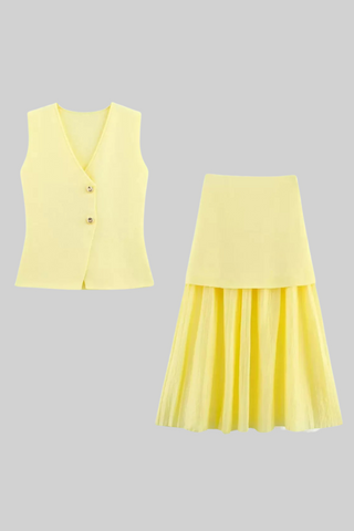Summer Buttoned Knit Vest & Pleated Long Skirt Set