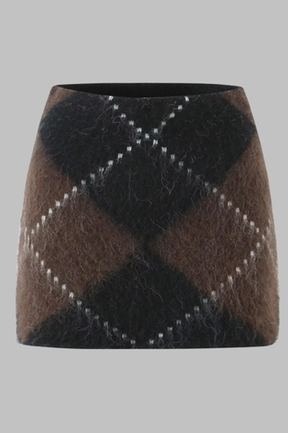 Fuzzy Argyle Knit Set – High-Neck Sweater and Mini Skirt
