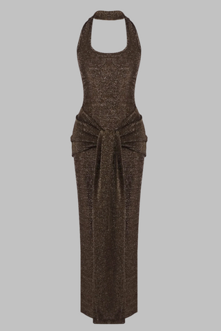 Coffee Metallic Halter Long Dress Backless Slim Fit with Waist Tie Detail