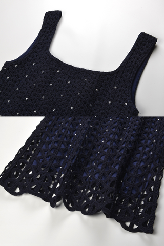 Navy Beaded Hollow Crochet Knit Mini Dress with Crystal Embellishments and Square Neckline