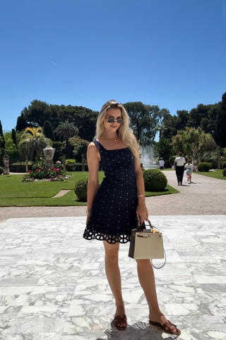 Navy Beaded Hollow Crochet Knit Mini Dress with Crystal Embellishments and Square Neckline