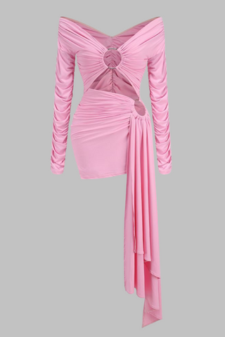 Pink Ring-Cut Draped Long Sleeve Dress  With Ruched One-Shoulder with Asymmetric Drape