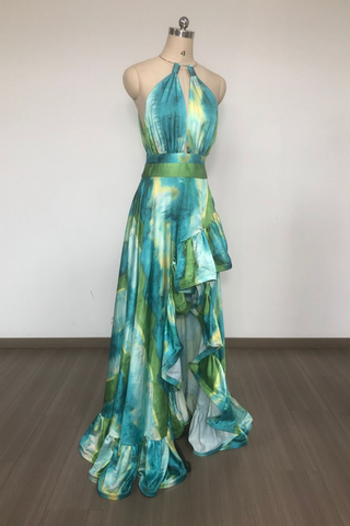 Emerald Ocean Breeze Plunge Halter  Long Dress with Cascading Ruffle Skirt