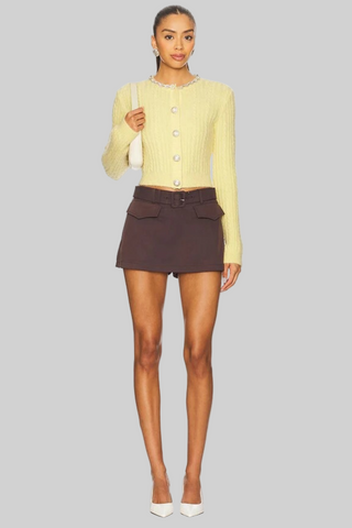 Butter Yellow Long Sleeve Cable Knit Cardigan with Crystal Collar and Pearl Buttons