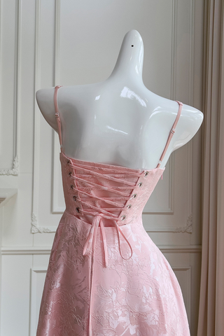 Blossom Pink Floral Jacquard Corset Long Dress with Lace Up Back and Pleated Bust
