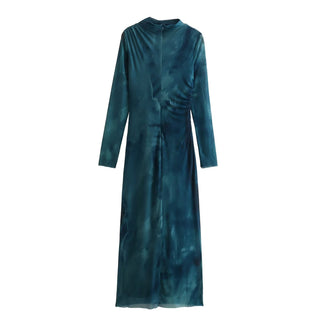 Jodi  Marble Print High Neck Mesh Long Dress
