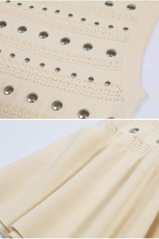 Sleeveless Knit Stud Metal Midi Dress with Ruffled Hem