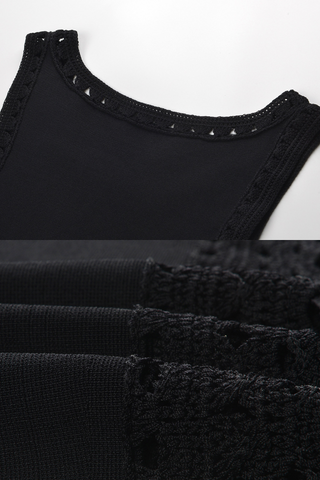 Boho Chic Black Knit Midi Dress with Crochet Detailing & Long Fringe