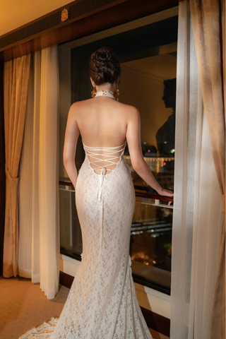 Halter Neck Lace Mermaid Long Dress  – Backless Sheer Dress with Lace-Up Detail and Train