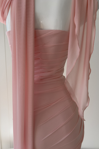 Dusty Rose Draped Mesh Strapless Set with Convertible Scarf & Fishtail Maxi Skirt