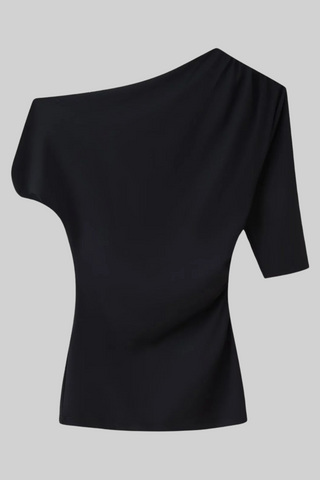 Asymmetric Draped Half Sleeve Top with Metal Accent
