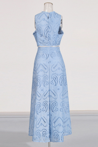 Sky Bloom Embroidered Eyelet Set  Round Neck Crop Top & High-Waist Maxi Skirt