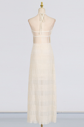 Beige Smocked Halter Long Dress with Sheer  Open Back