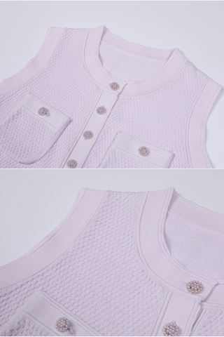 Elegant Sleeveless Textured Knit Long Dress with Button Front and Fitted Waistline