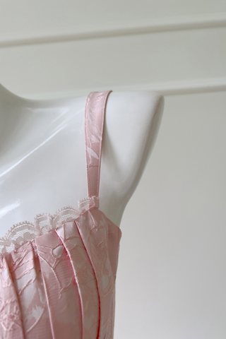 Blossom Pink Floral Jacquard Corset Long Dress with Lace Up Back and Pleated Bust