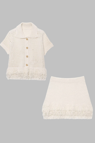Fringe Hem Knit Set – Crochet Button-Up Top & Ribbed Mini Skirt