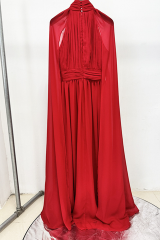 Red Pleated Cape Long Dress with High Neck and Chiffon Overlay