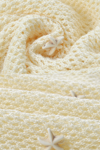 Long Sleeve Crochet Knit Long Dress with Deep V-Neck, Ring Accent & Starfish Appliqués